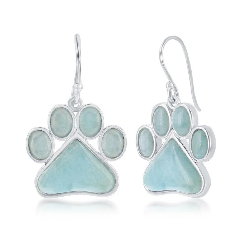 Petite Gold Earrings-Sterling Silver Blue Larimar Paw Print Earrings