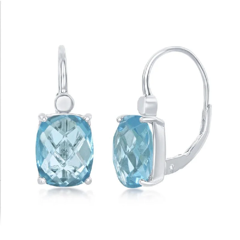 Swarovski Crystal Earrings-Sterling Silver Blue Four Prong Checkered Earrings