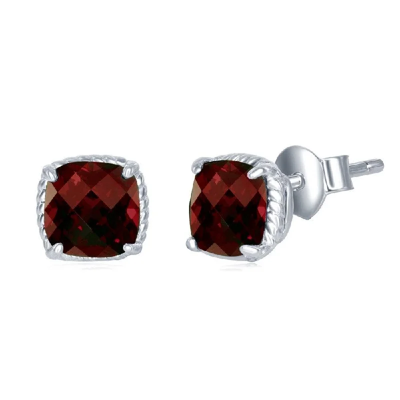 Small Silver Stud Earrings-Sterling Silver Cushion Cut Garnet Stud Earrings