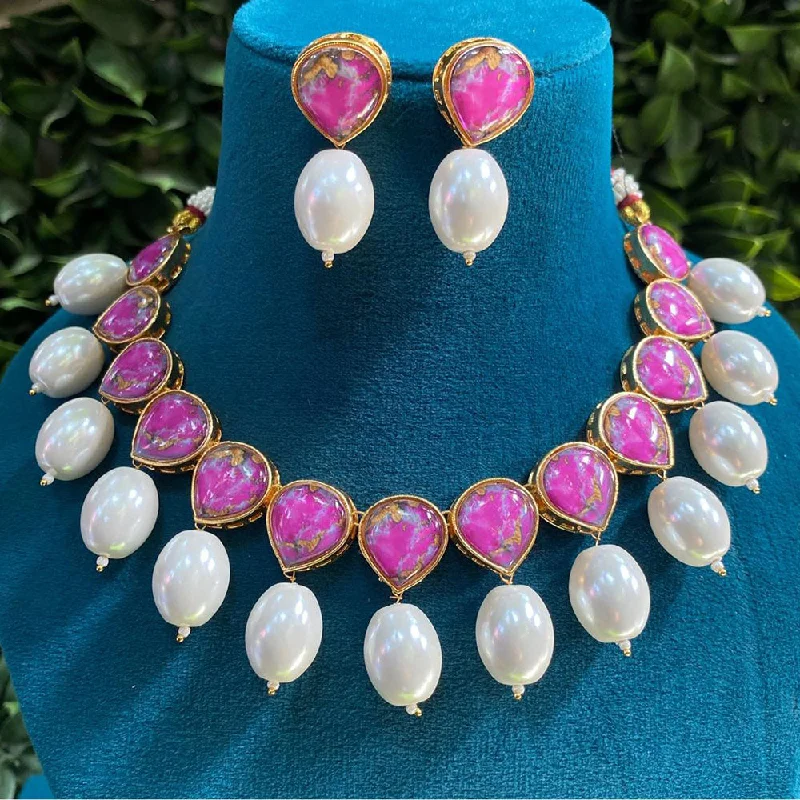 Statement Chunky Necklace-Royal Kundan Jewellery Gold Plated Druzy Stone And Pearls Necklace Set