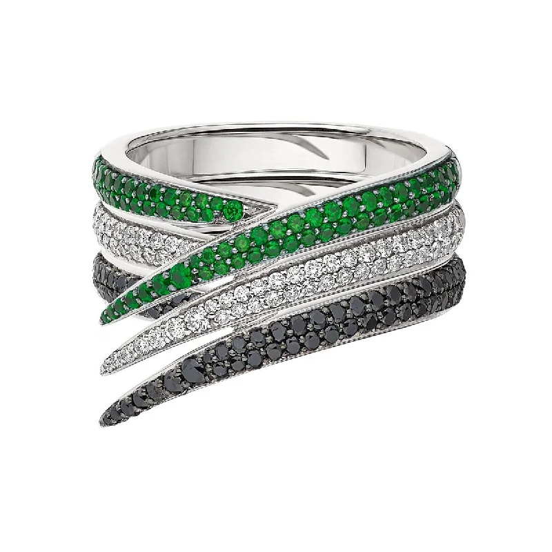 Birthstone Ring Set-Interlocking Stacked Ring - 18ct White Gold & Black, White Diamond and Tsavorite