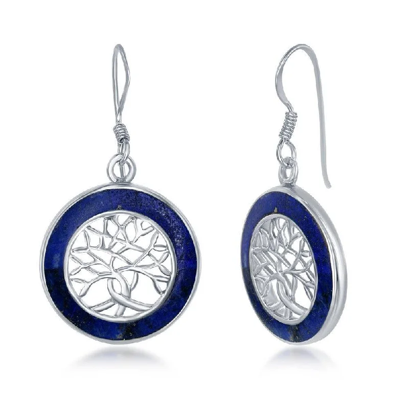 High-Quality Stud Earrings-Sterling Silver Small Tree of Life Round Earrings - Lapis