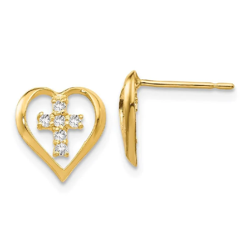 Nature-Inspired Gold Earrings-Madi K Kid's 14k  CZ  Heart Cross Post Earrings